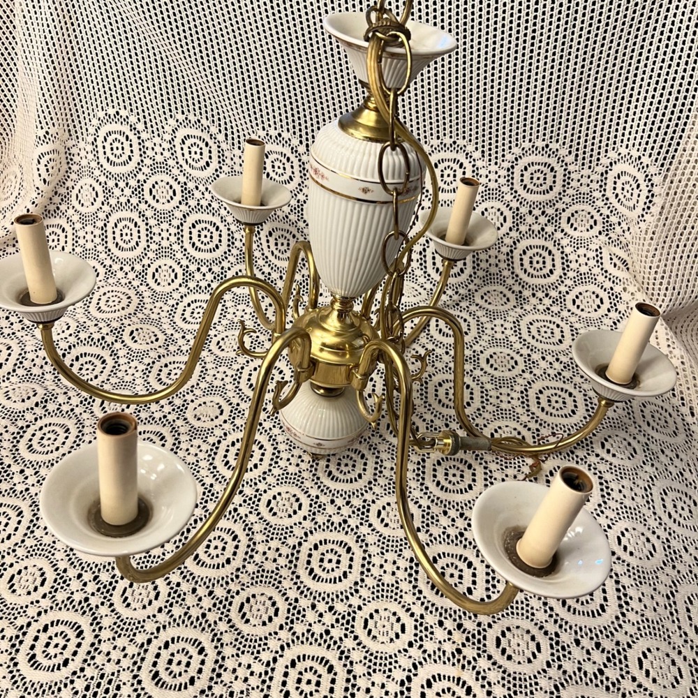 Vintage Brass Porcelain Floral Chandelier Candle Light | *SEE NOTE | Cottage